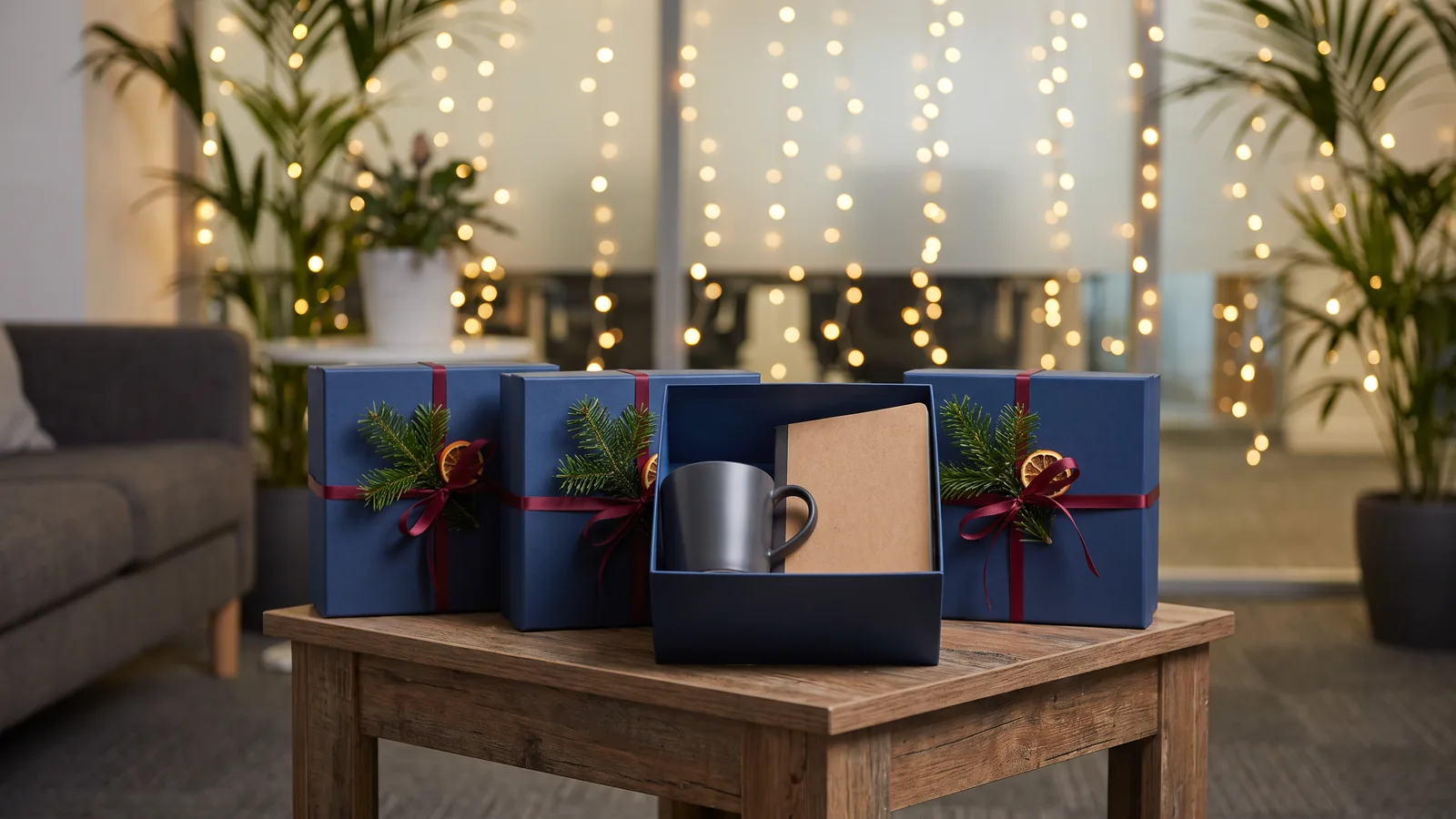 Beispielhafte Zusammenstellung abgestimmter Geschenkboxen mit Tasse und Notizbuch für eine Firmenweihnachtsfeier