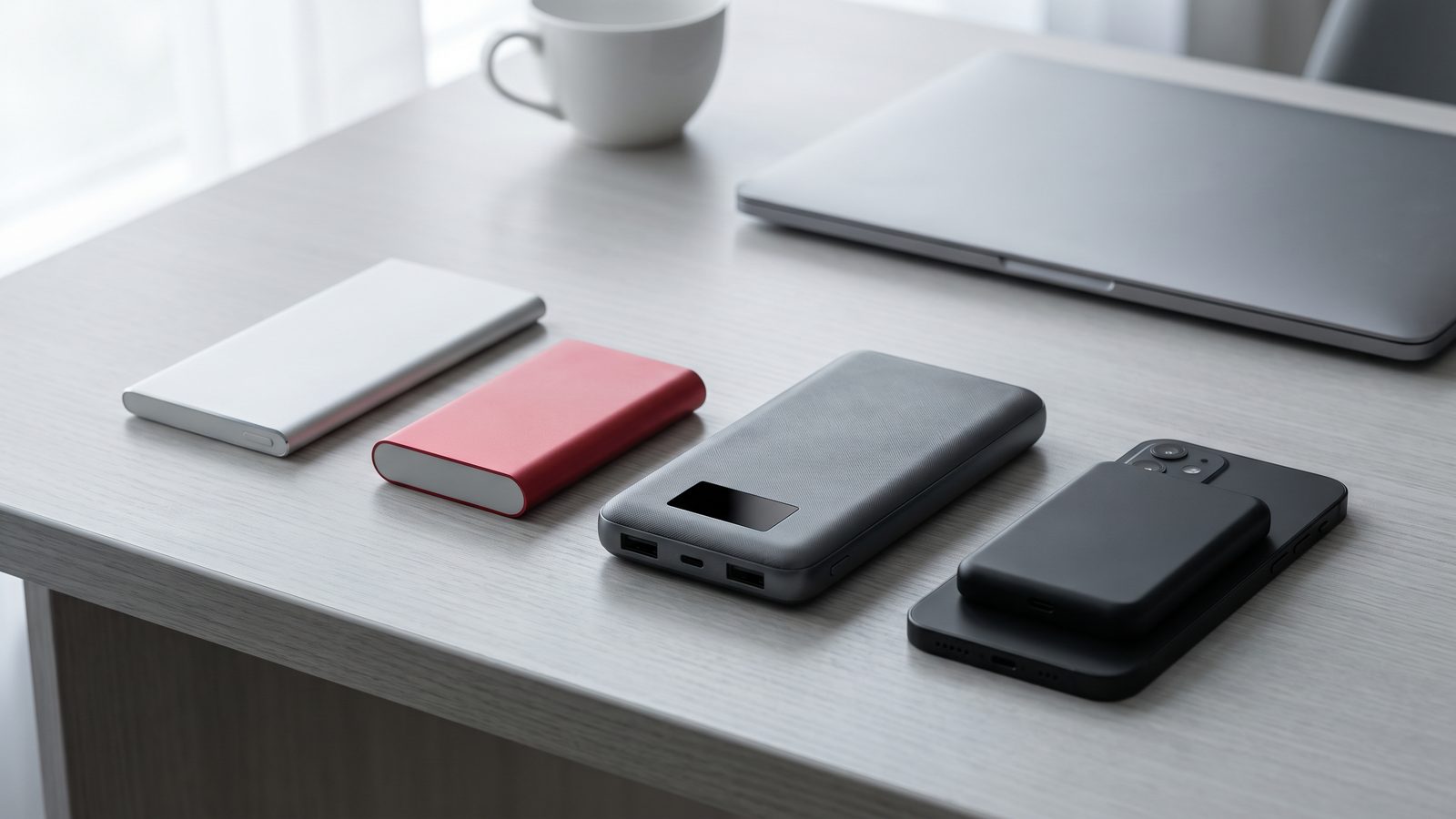 Illustrative selection of slim, compact and magnetic power banks on a desk