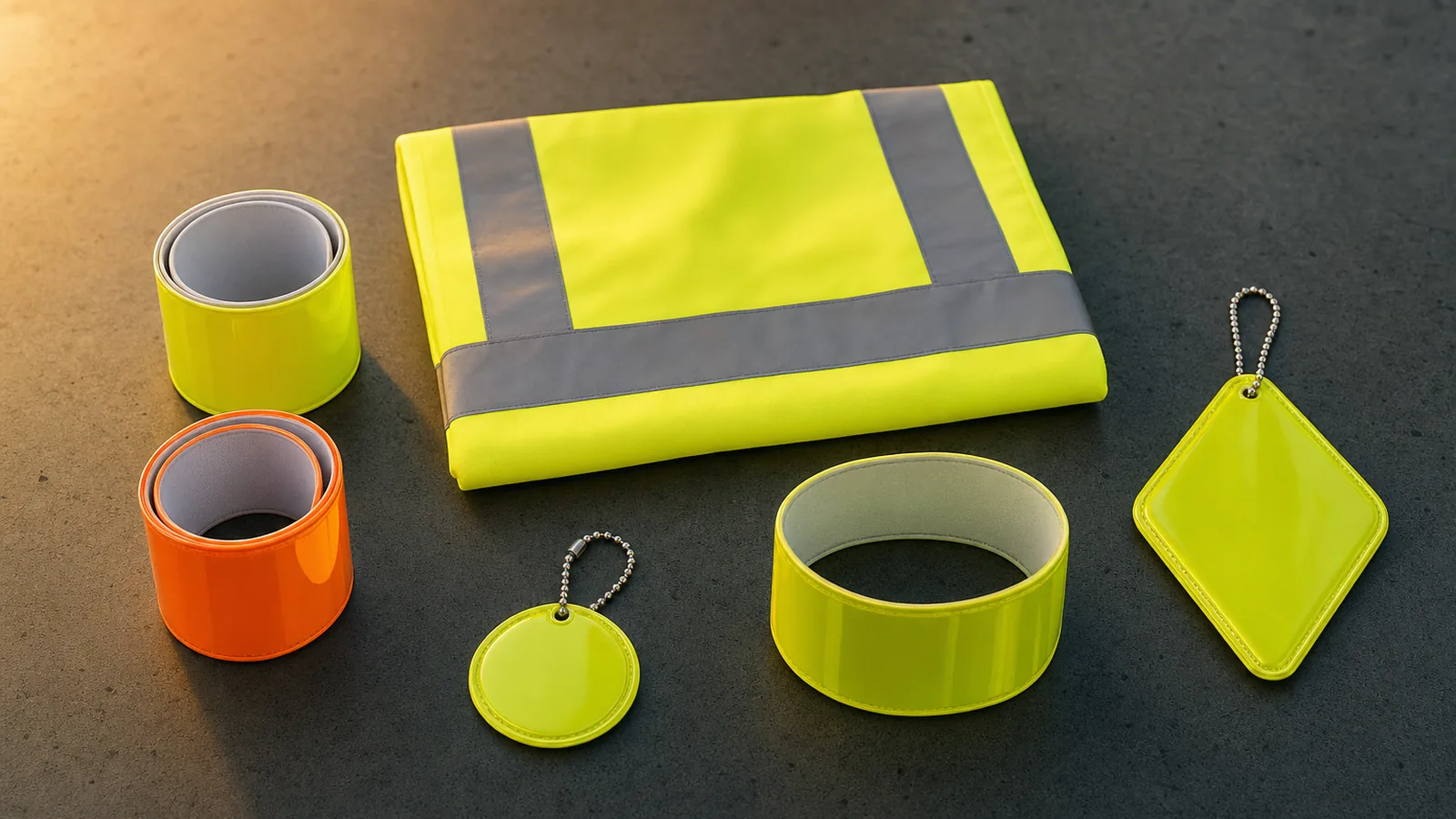 Illustrative Zusammenstellung aus gelber Warnweste, reflektierenden Schnapparmbändern und Anhängern auf dunklem Untergrund