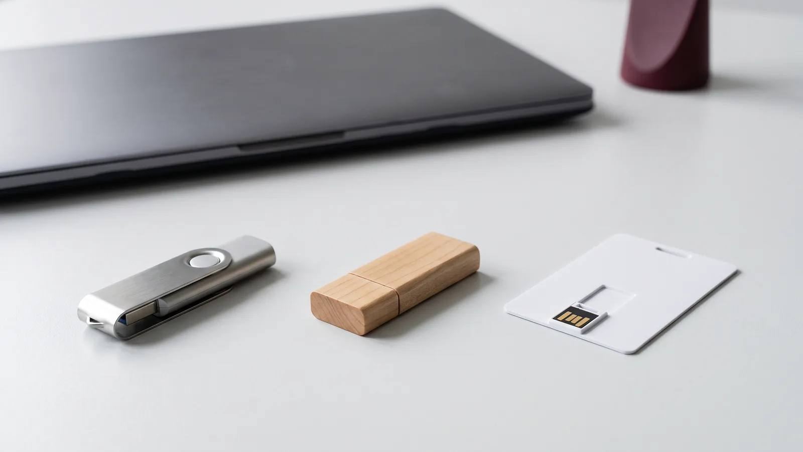 Ilustrační sestava kovového a dřevěného USB disku a bílé USB karty na pracovním stole