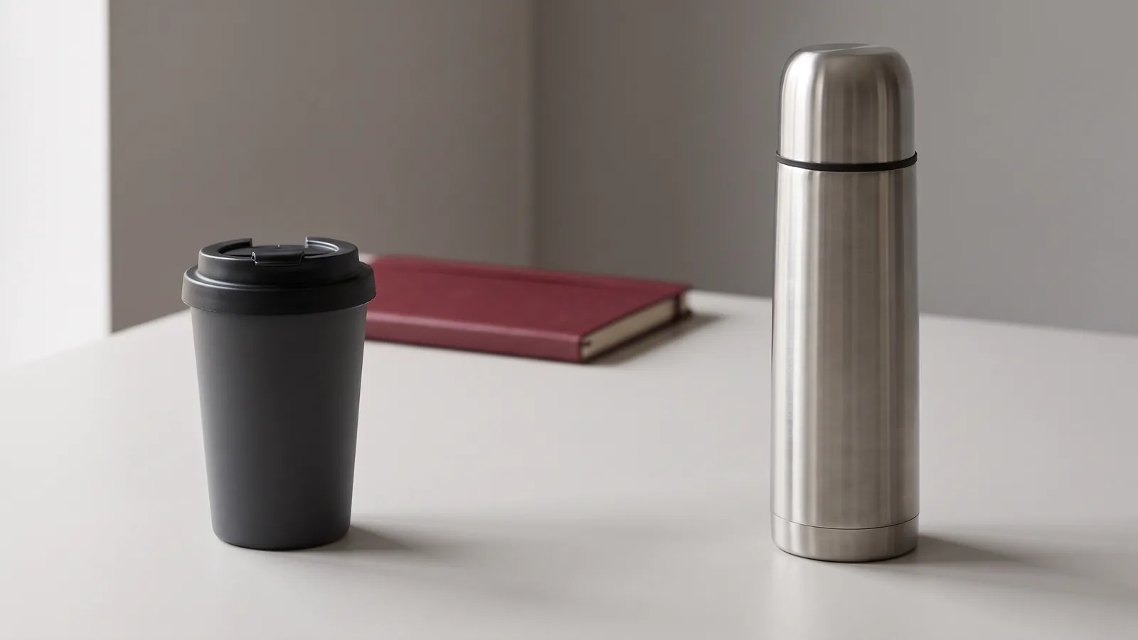 Symbolischer Vergleich eines dunklen Reise-Thermobecher und einer höheren Edelstahl-Thermoskanne auf einem Büroschreibtisch