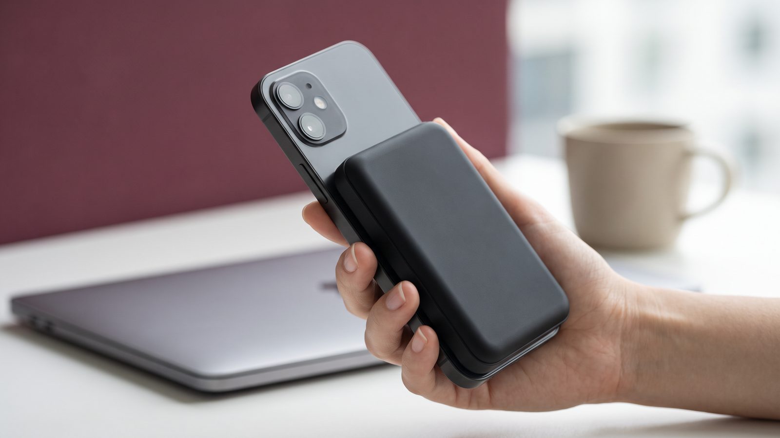 Ilustračná ukážka telefónu s prichytenou magnetickou powerbankou