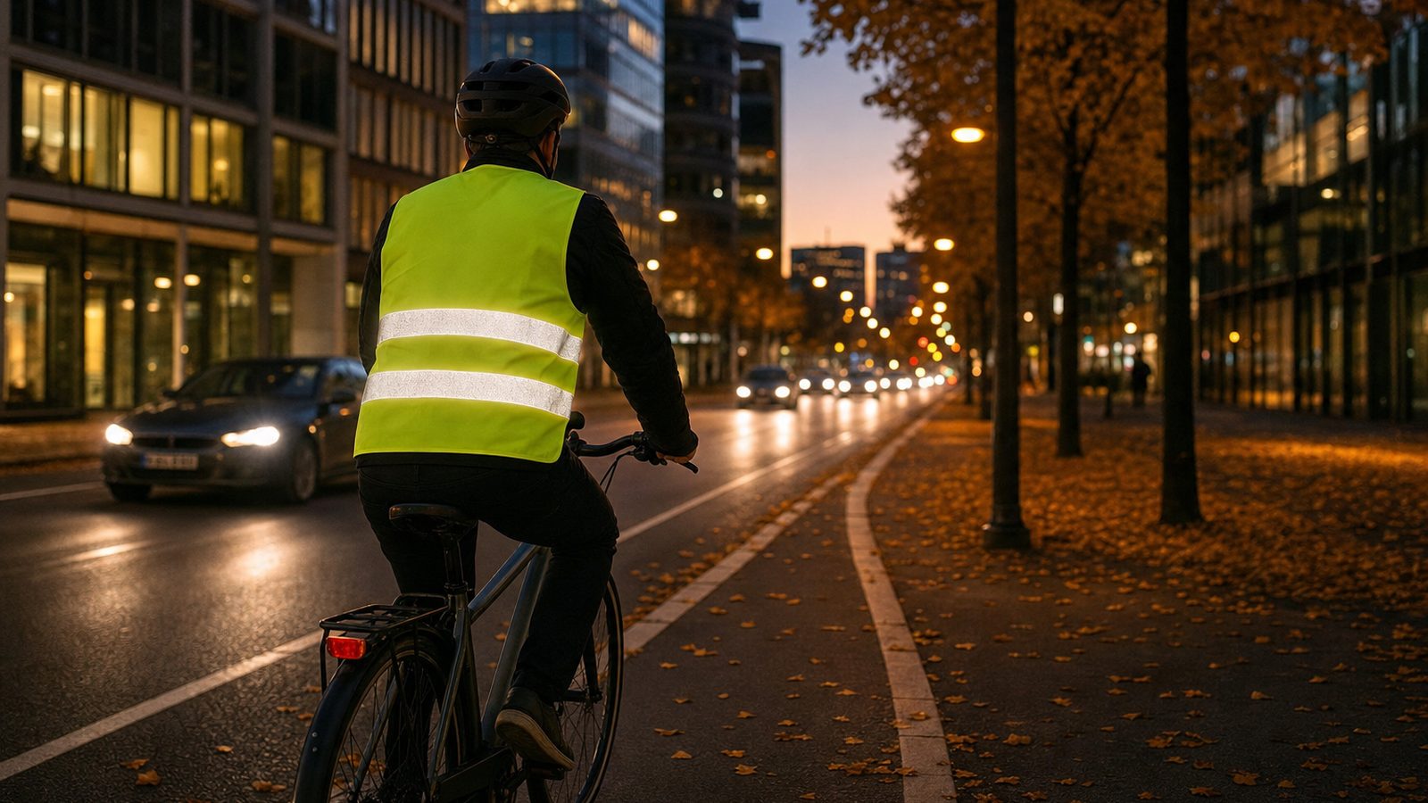 Illustrative Szene mit einem Radfahrer in Warnweste an einer städtischen Straße in der Dämmerung