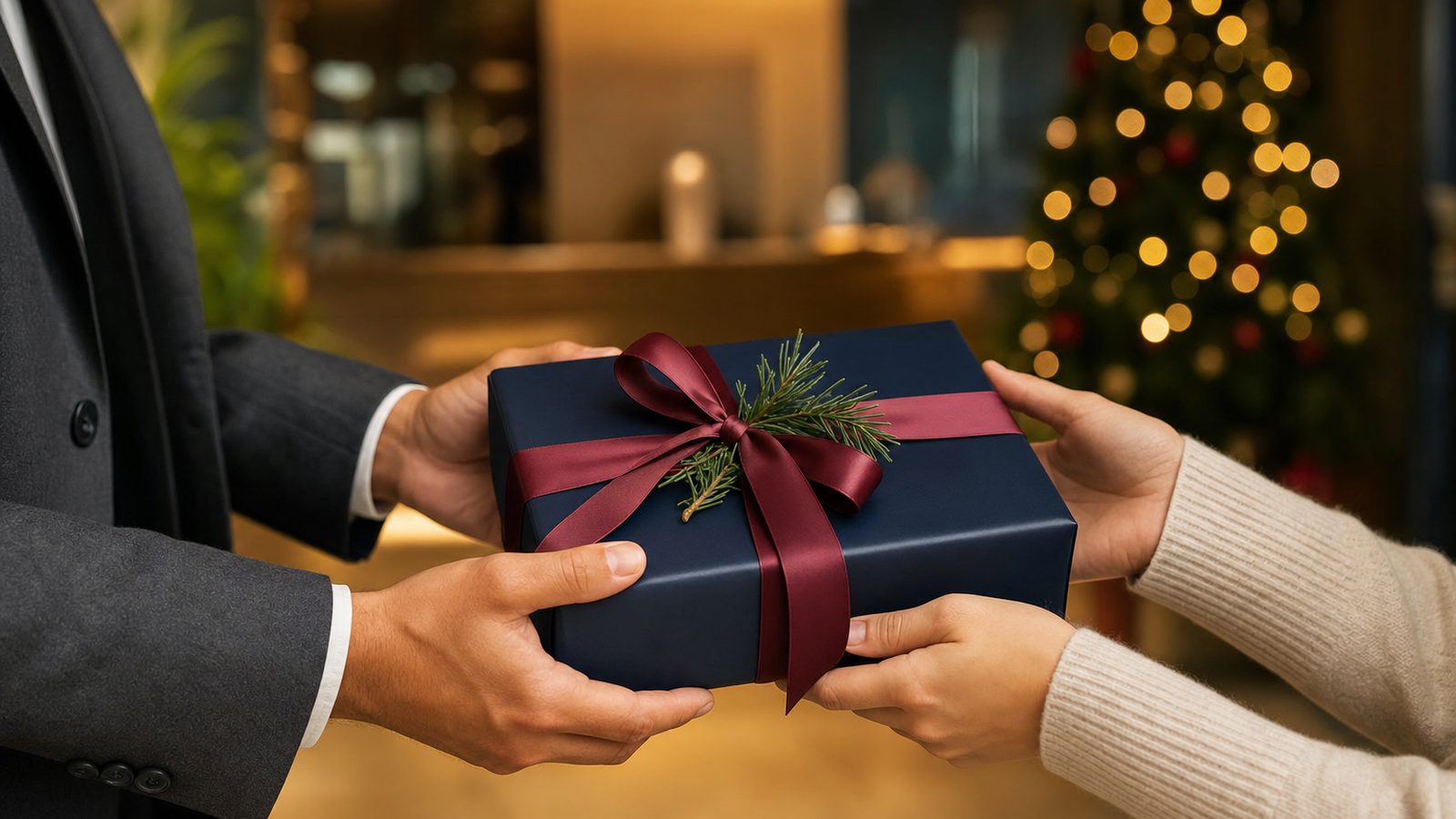 Remise en personne d’un cadeau de Noël d’entreprise à un partenaire commercial