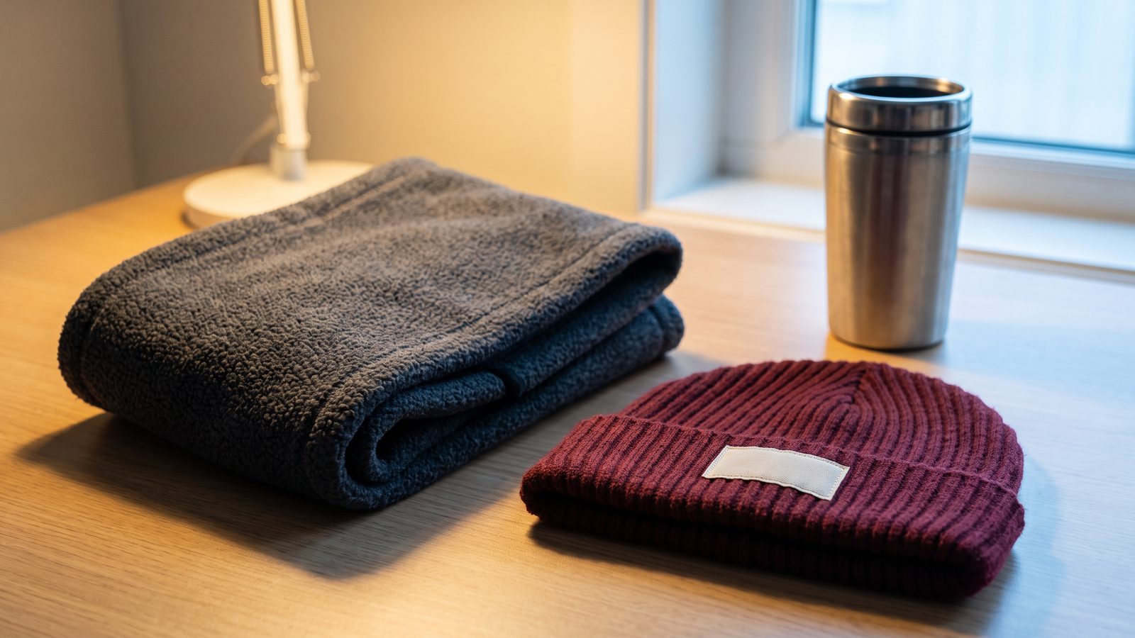 Illustrative close-up of a knitted hat, folded fleece fabric and travel mug in an office